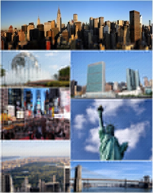 Arriba, de izquierda a derecha: Midtown Manhattan, el Unisphere en Queens, la Sede de la Organización de las Naciones Unidas, Times Square, la Estatua de la Libertad, Central Park, y el Puente de Brooklyn. fuente